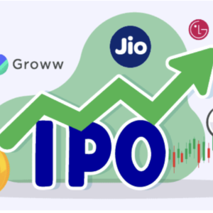 Illustration showing IPO growth in India 2025 featuring companies like Jio, Tata, Groww, LG Electronics, and Lenskart